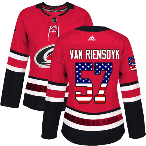 Adidas Hurricanes #57 Trevor Van Riemsdyk Red Home Authentic USA Flag Women's Stitched NHL Jersey